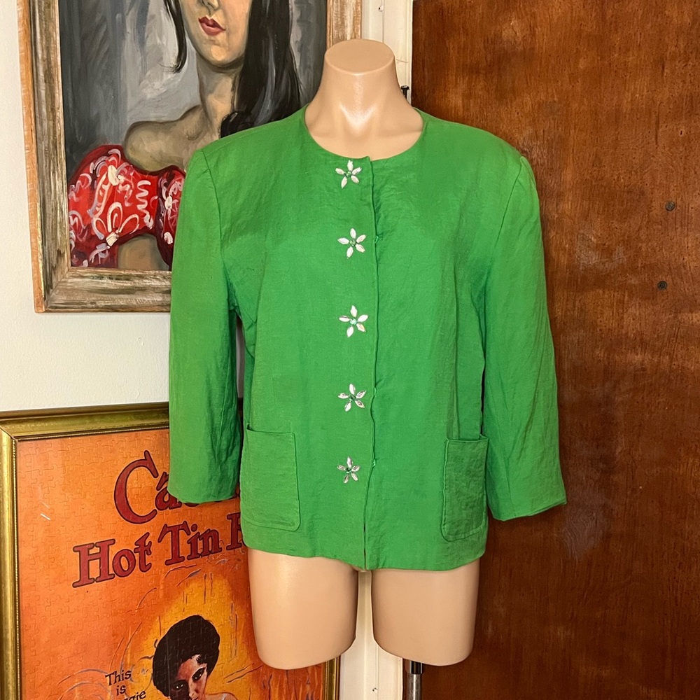 Bob Mackie Studio Green Rhinestone Button Blazer Jacket 14